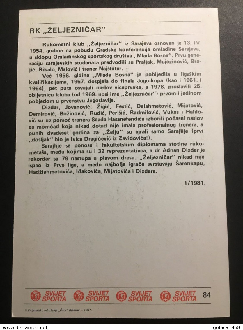 SVIJET SPORTA Card ► WORLD OF SPORTS ► 1981. ► RK ŽELJEZNIČAR ► No. 84 ► Handball ◄ - Handball