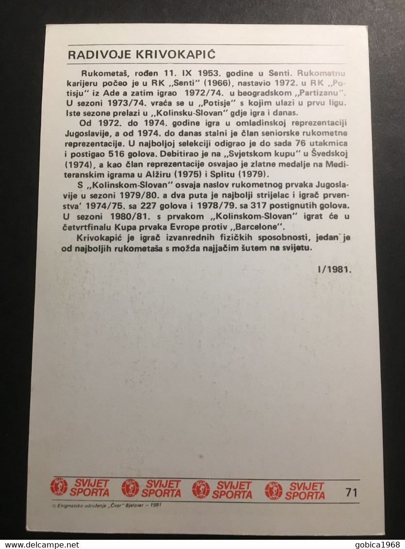 SVIJET SPORTA Card ► WORLD OF SPORTS ► 1981. ► RADIVOJE KRIVOKAPIĆ ► No. 71 ► Handball ◄ - Handbal