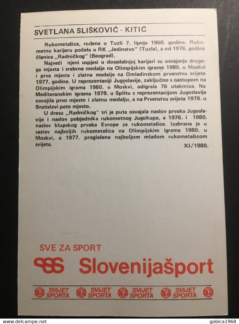 SVIJET SPORTA Card ► WORLD OF SPORTS ► 1980. ► SVETLANA SLIŠKOVIĆ - KITIĆ ► No. XI/1980. ► Handball ◄ - Palla A Mano