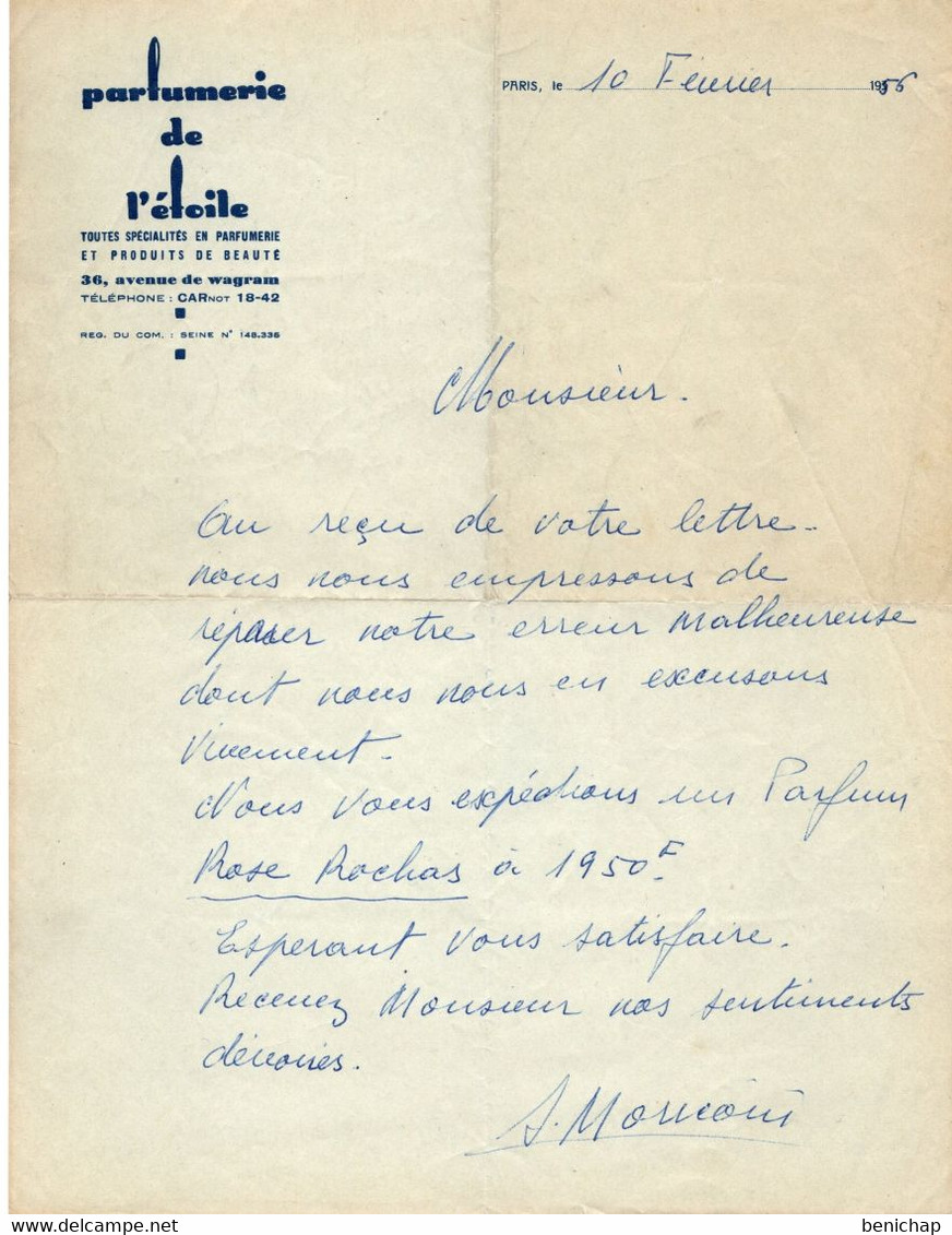 Parfumerie De L'Etoile - Produits De Beauté - Paris - Le 10 Février 1956. - Drogisterij & Parfum