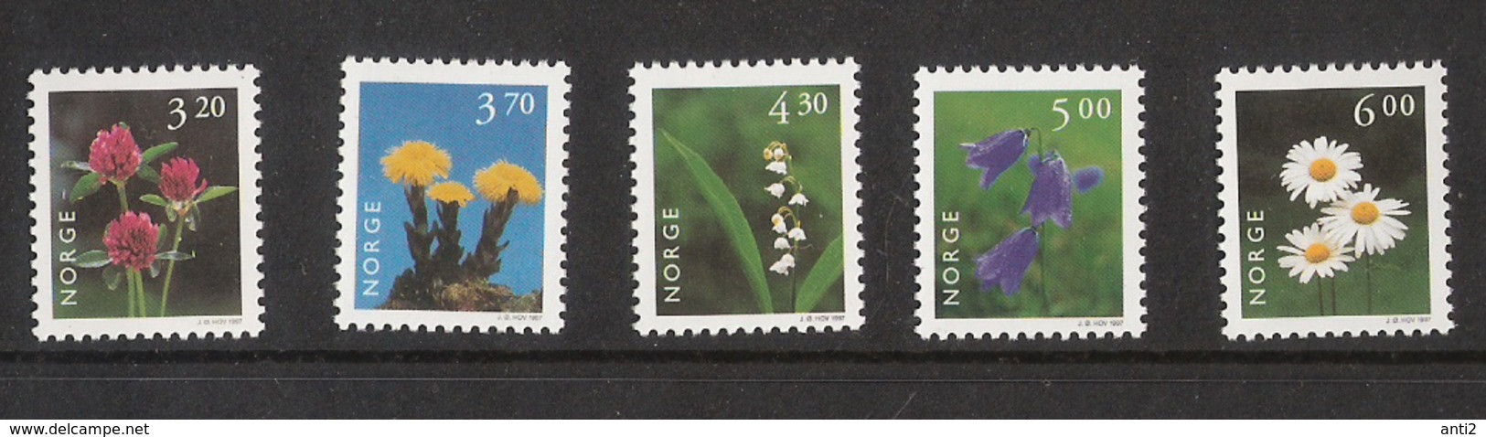 Norway 1997 Flowers, Red Clover, Coltsfoot, Lily Of The Valley, Harebell, Oxeye Daisy, Mi  1230-1234 - Covers & Documents