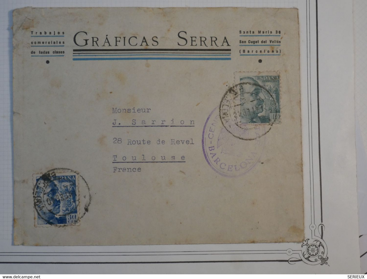 BL15 ESPANA   LETTRE PRIVEE  CENSUREE  1942 CENSURA BARCELONA A TOULOUSE FRANCIA  +AFFRANCH. PLAISANT++ + - Marques De Censures Nationalistes