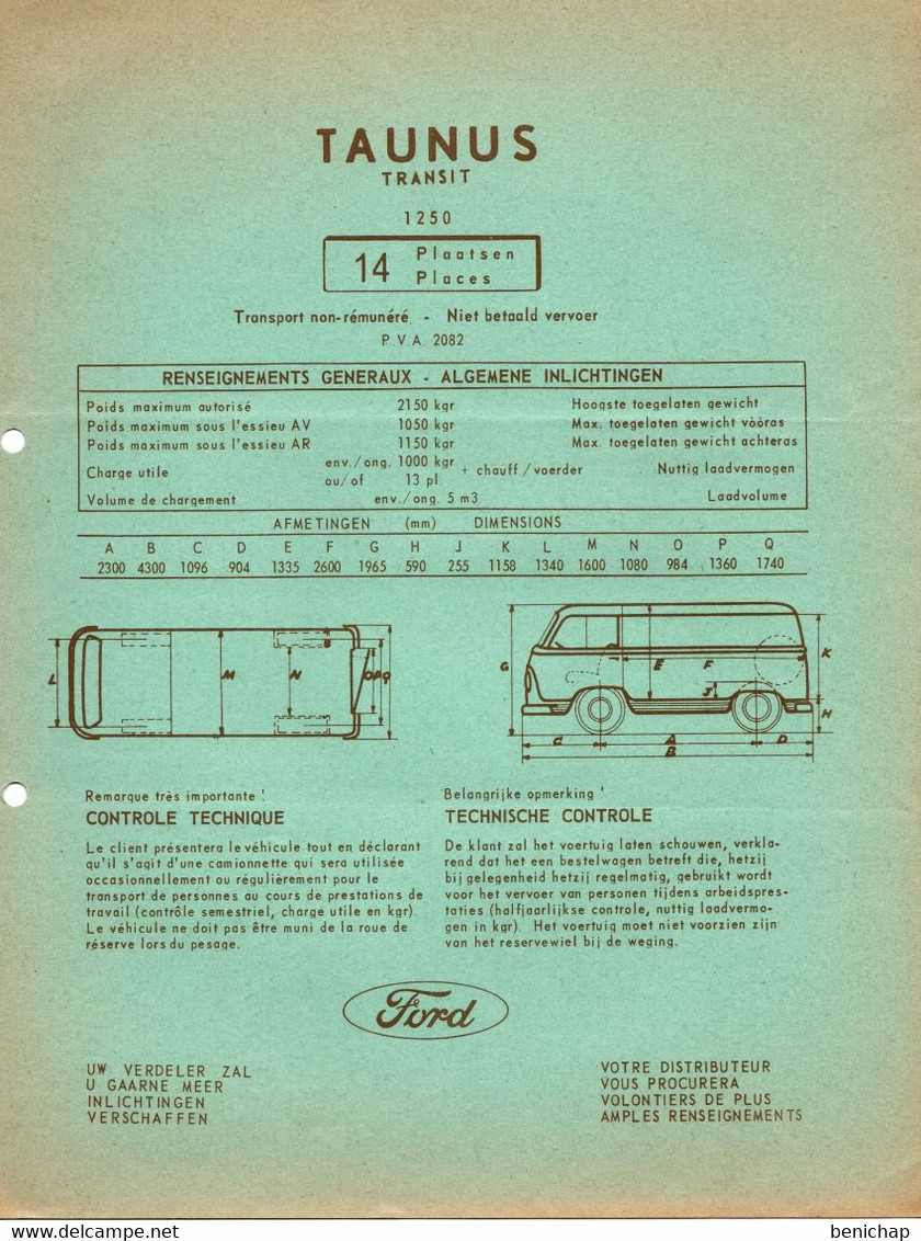 Ford  Motor Company - Spécifications Techniques - Taunus Transit TT 1250 - 1.5 - Type G7BT - 14 Places.1963. - Automobil