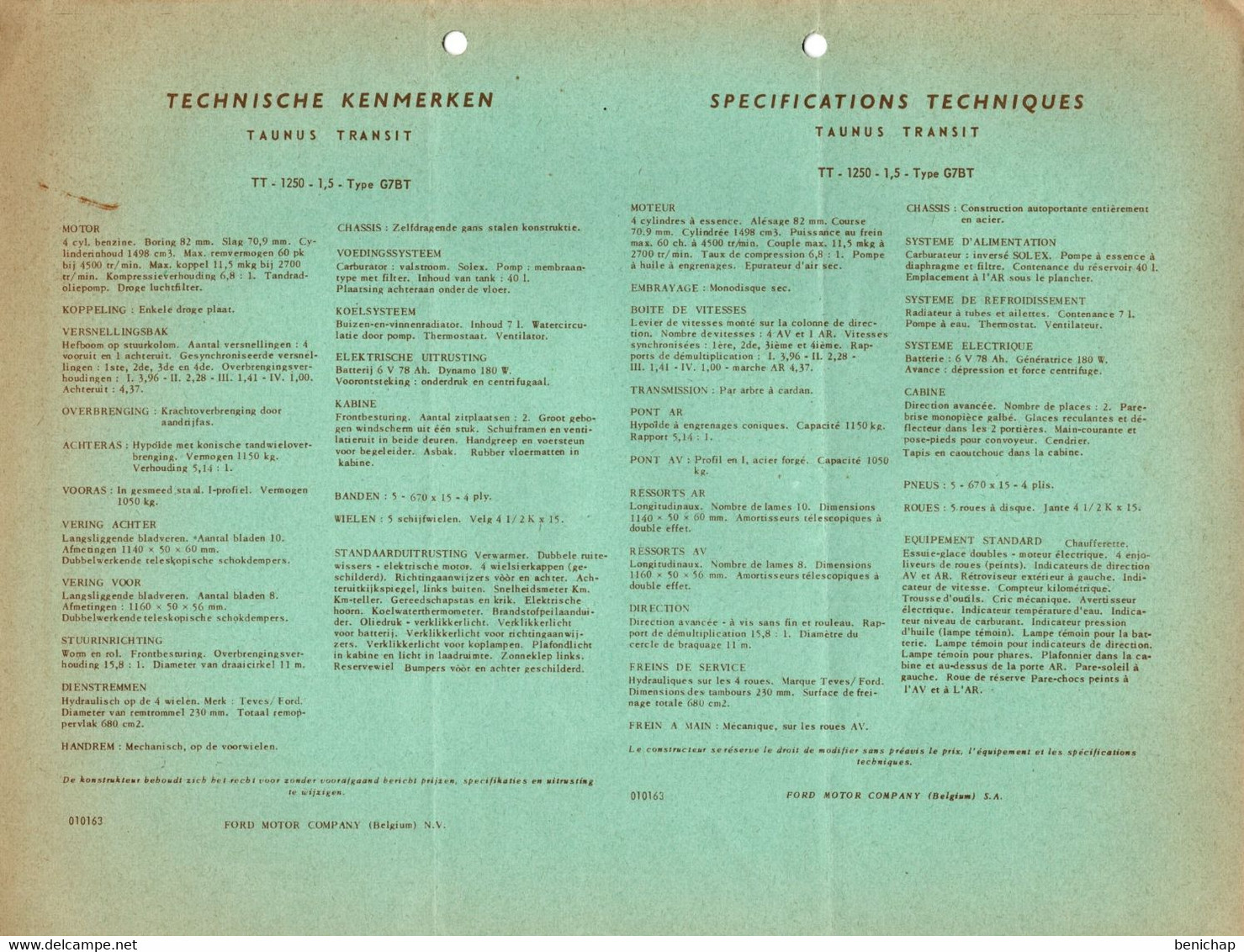 Ford  Motor Company - Spécifications Techniques - Taunus Transit TT 1250 - 1.5 - Type G7BT - 14 Places.1963. - Automovilismo