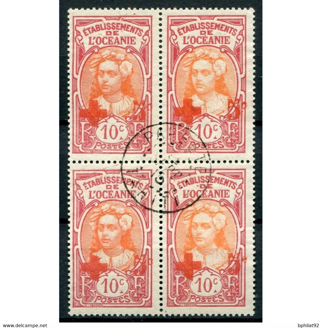 !!! OCÉANIE : CROIX ROUGE N° 40 BLOC DE 4 UN EXEMPLAIRE VARIÉTÉ E AU LIEU DE C DANS LA SURCHARGE - Used Stamps