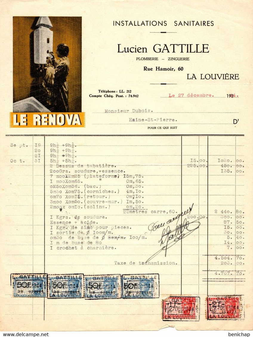 Installations Sanitaires - Lucien Gatille - Plomberie - Zinguerie - La Louvière - Haine-St-Pierre - 1934. - Elettricità & Gas