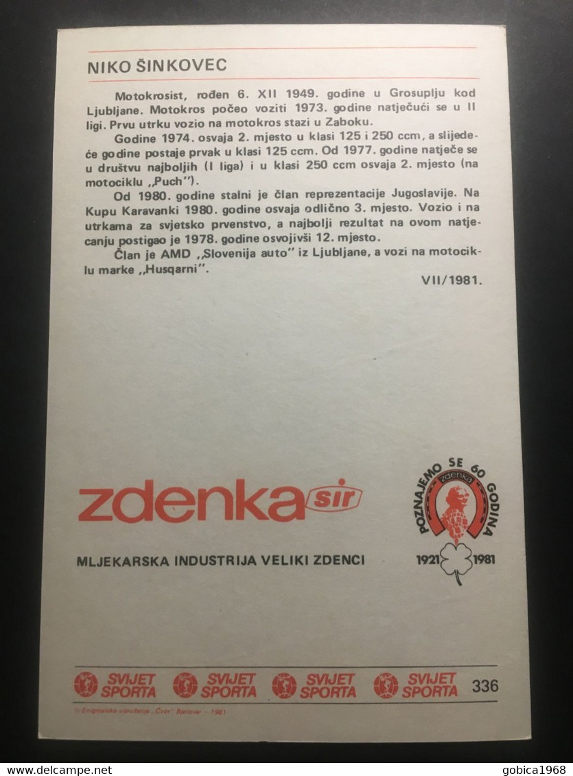 SVIJET SPORTA Card ► WORLD OF SPORTS ► 1981. ► NIKO ŠINKOVEC ► No. 336 ► Motocross ◄ - Trading-Karten