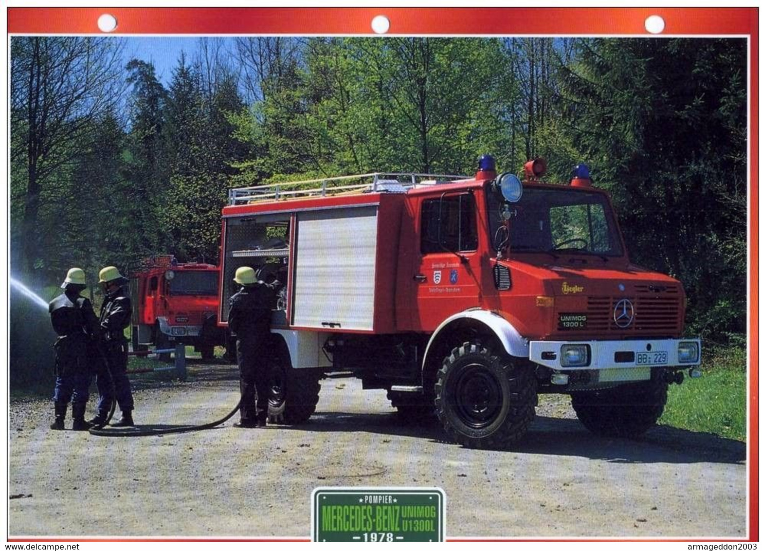 C2/ FICHE CARTONNE POMPIER ALLEMAGNE 1978 MERCEDES BENZ UNIMOG U1300L STUTTGART - Camions