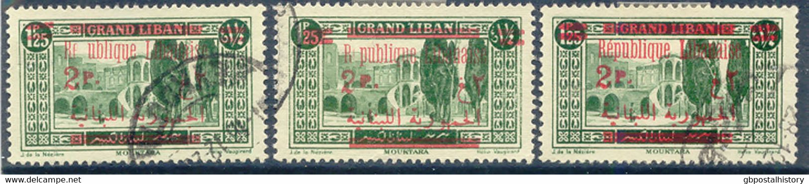 LEBANON 1928, 2 Pia. On 1 Pia. 25 Dark Green, Three Superb Used Overprint Varieties: "RP UBLIQUE", "RI PUBLIQUE" And A - Libano