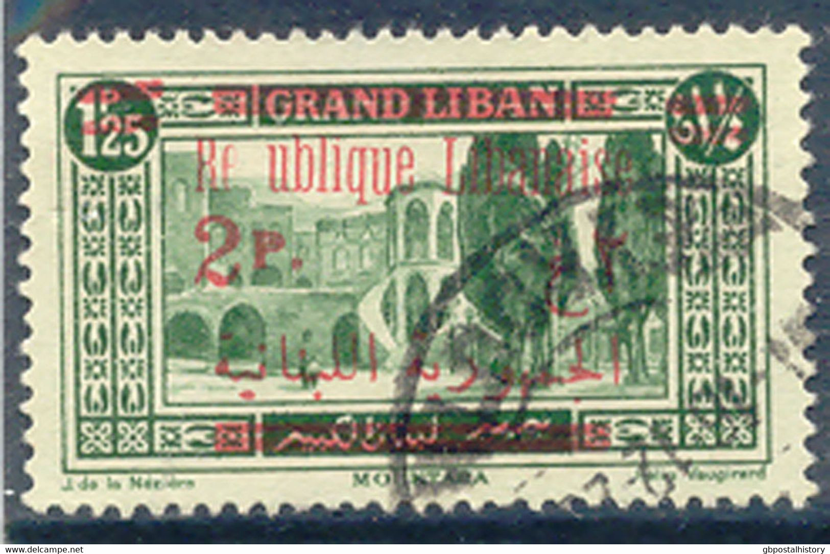 LEBANON 1928, 2 Pia. On 1 Pia. 25 Dark Green, Three Superb Used Overprint Varieties: "RP UBLIQUE", "RI PUBLIQUE" And A - Liban