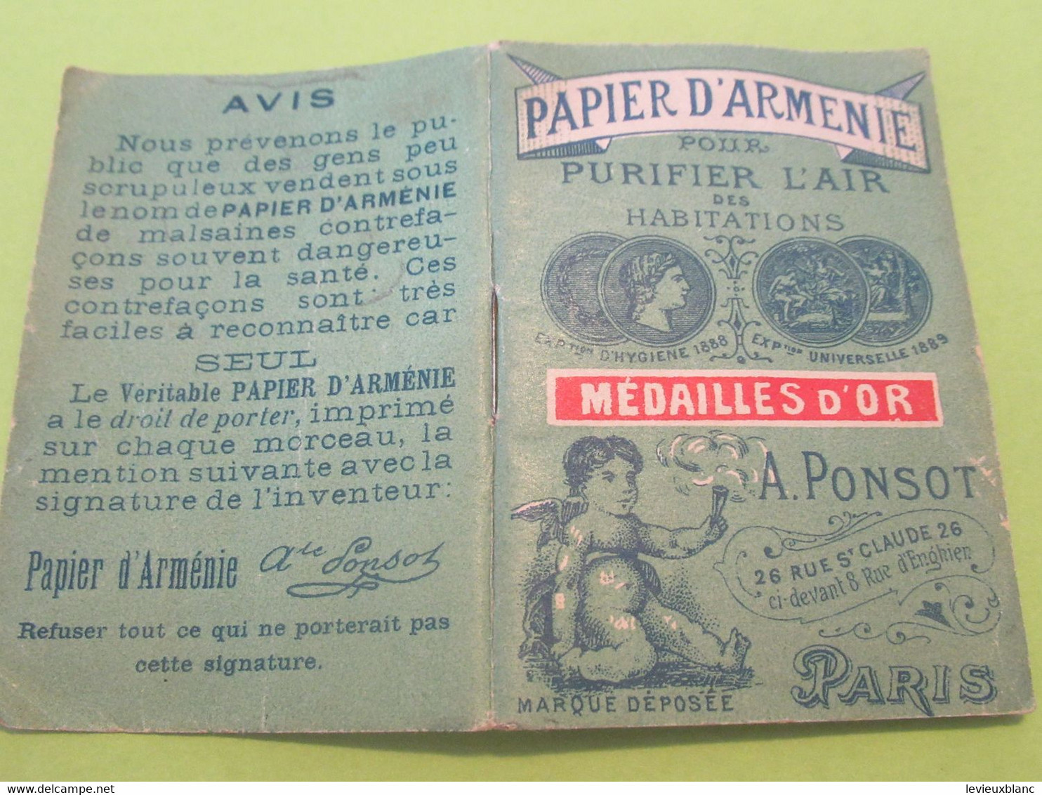 Papier d'Arménie  pour purifier l'air des habitations/Médailles d'Or/A. PONSOT/Paris /Vers 1900-1920      PARF222bis