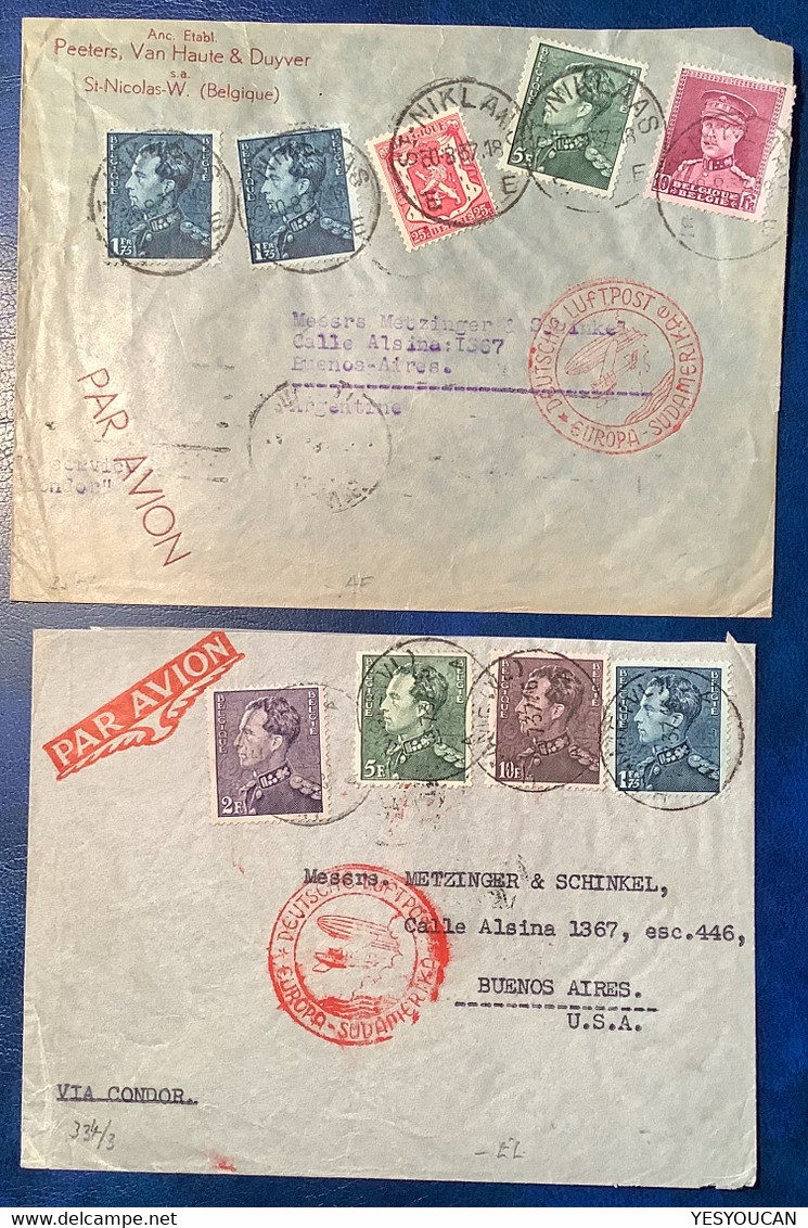 BELGIQUE 1931 10f Képi#324...ST NIKLAAS 1937lettre Buenos Aires Argentina PAR AVION VIA DEUTSCHE LUFTPOST&CONDOR(2 Cover - 1931-1934 Kepi