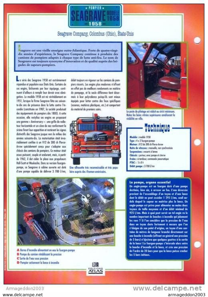 C2/ FICHE CARTONNE Camion POMPIER US 1958 SEAGRAVE - Camions