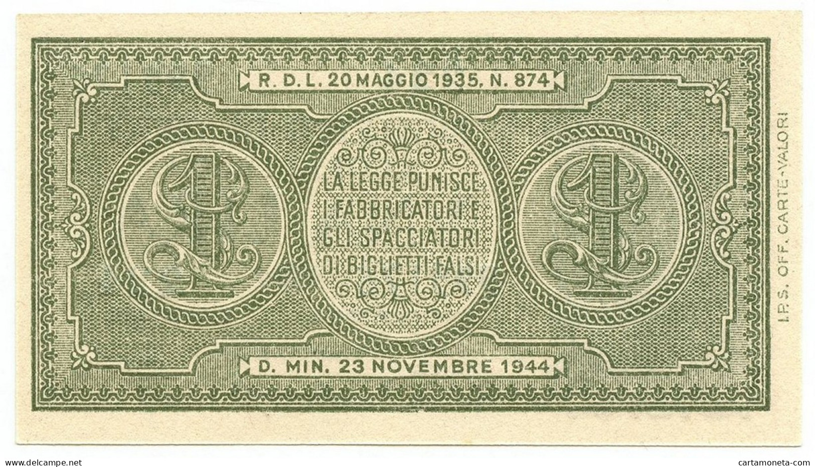 1 LIRA BIGLIETTO DI STATO LUOGOTENENZA UMBERTO VENTURA 23/11/1944 FDS - Andere