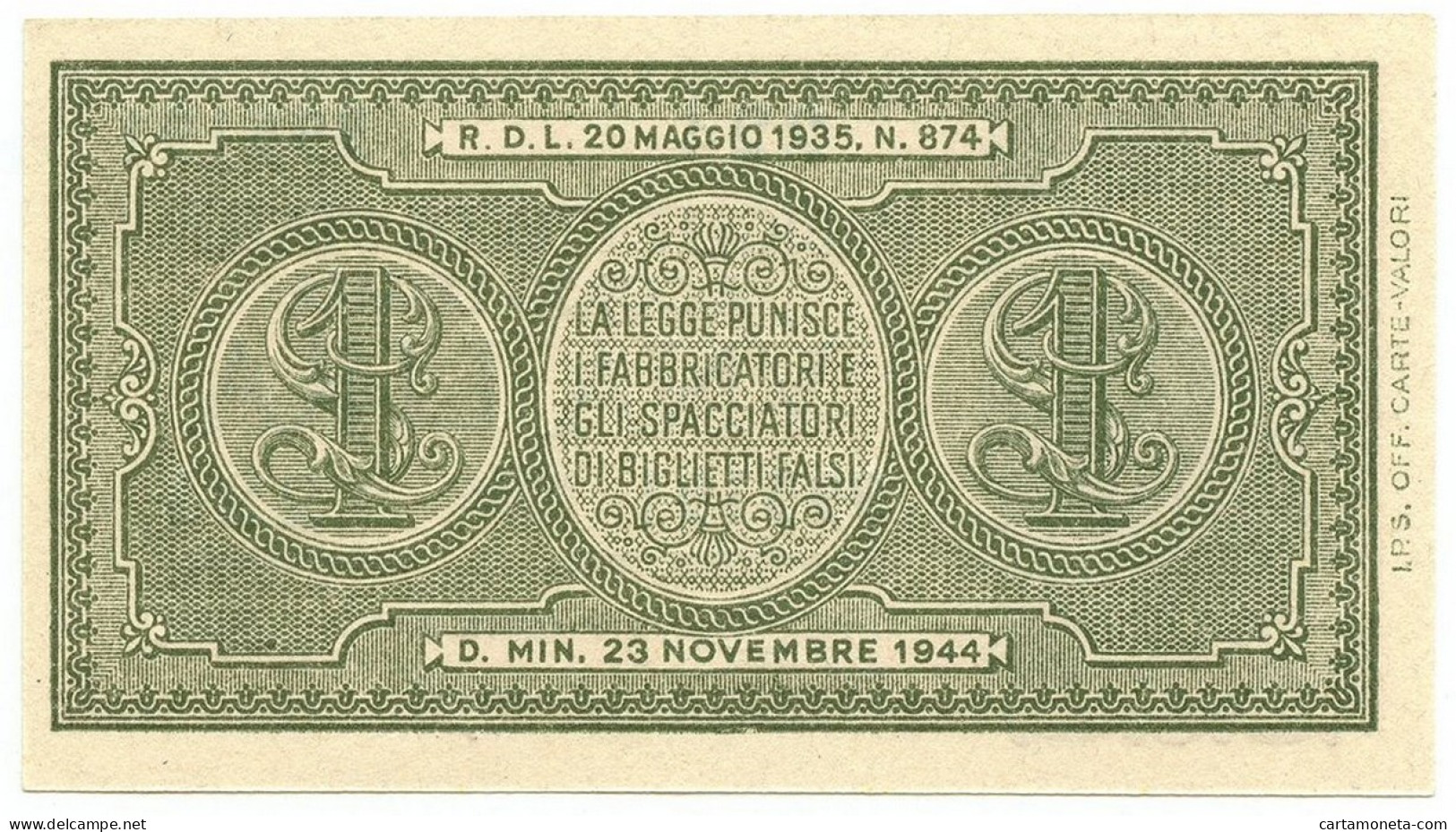 1 LIRA BIGLIETTO DI STATO LUOGOTENENZA UMBERTO VENTURA 23/11/1944 FDS - Andere