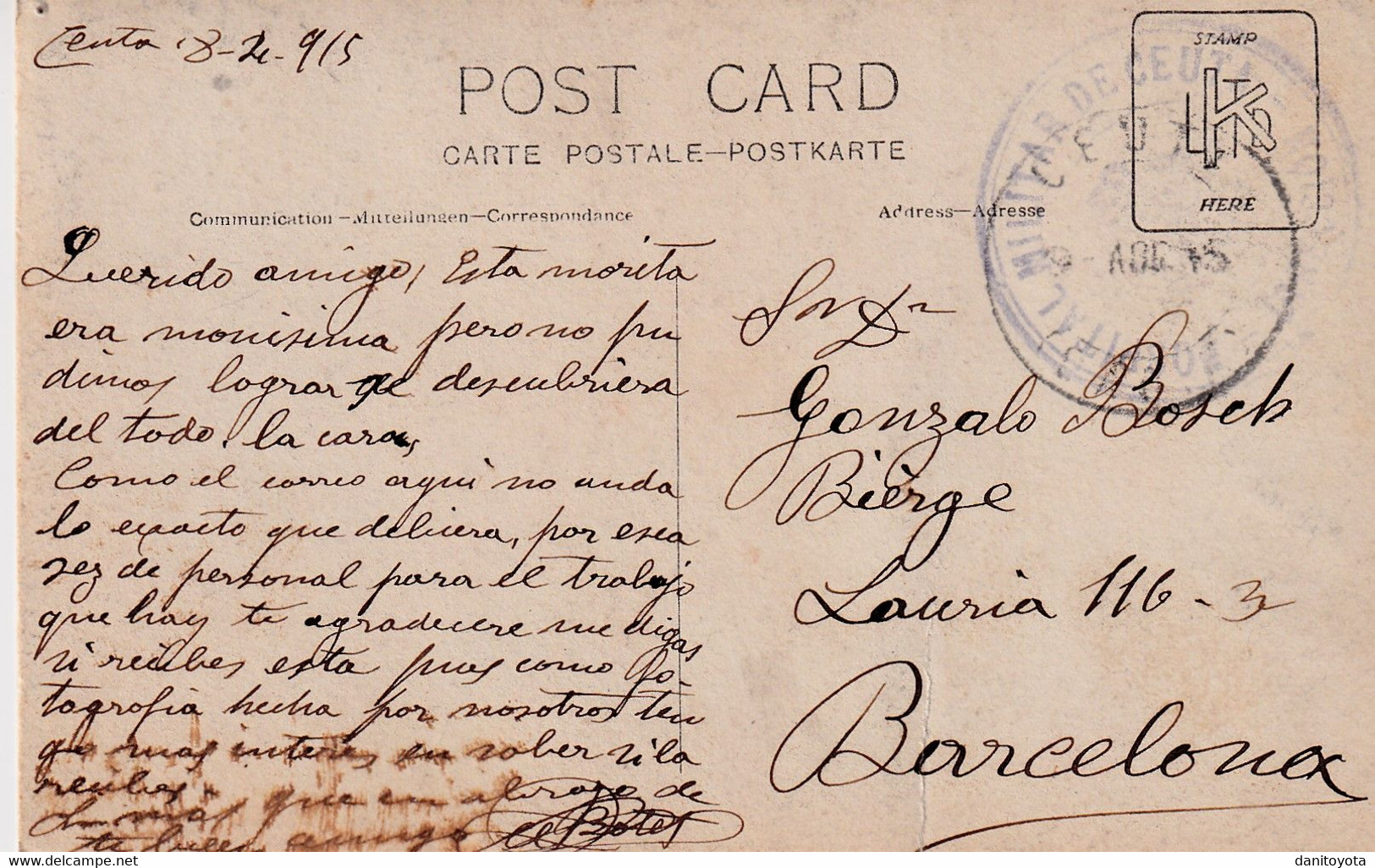 1915. Ceuta A Barcelona. Postal Circulada Con Marca Del Hospital De Ceuta - Ceuta