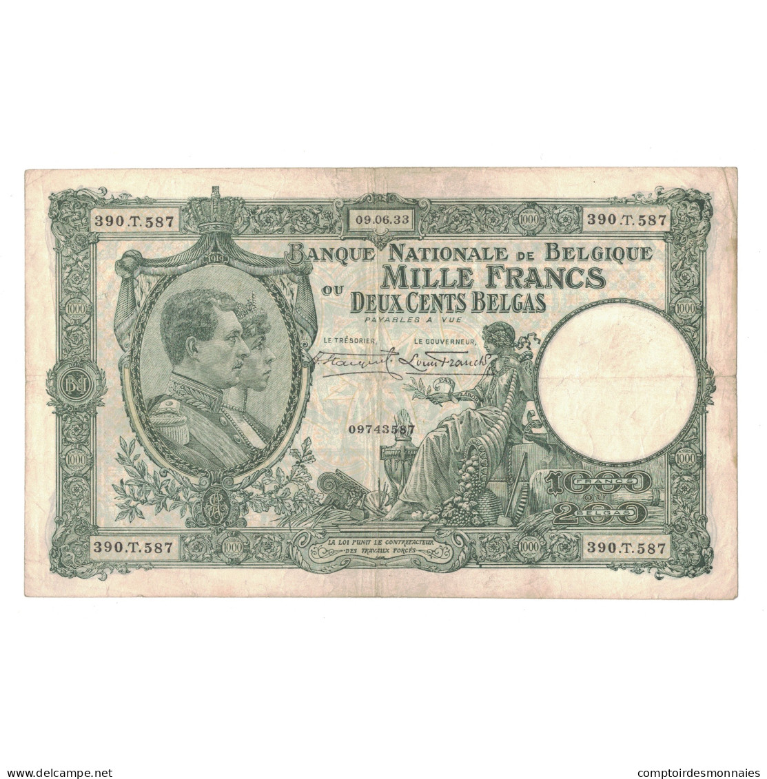 Billet, Belgique, 1000 Francs-200 Belgas, 1933, 9-6-1933, KM:104, TTB - 1000 Francs & 1000 Francs-200 Belgas