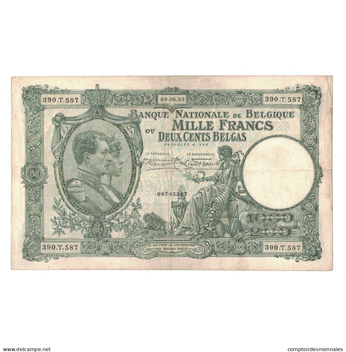 Billet, Belgique, 1000 Francs-200 Belgas, 1933, 9-6-1933, KM:104, TTB - 1000 Frank & 1000 Frank-200 Belgas