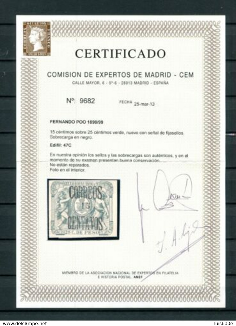 1898.FERNANDO POO.EDIFIL 47C*.NUEVO CON FIJASELLOS(MH).CERTIFICADO CEM.CATALOGO 1820€ - Fernando Po