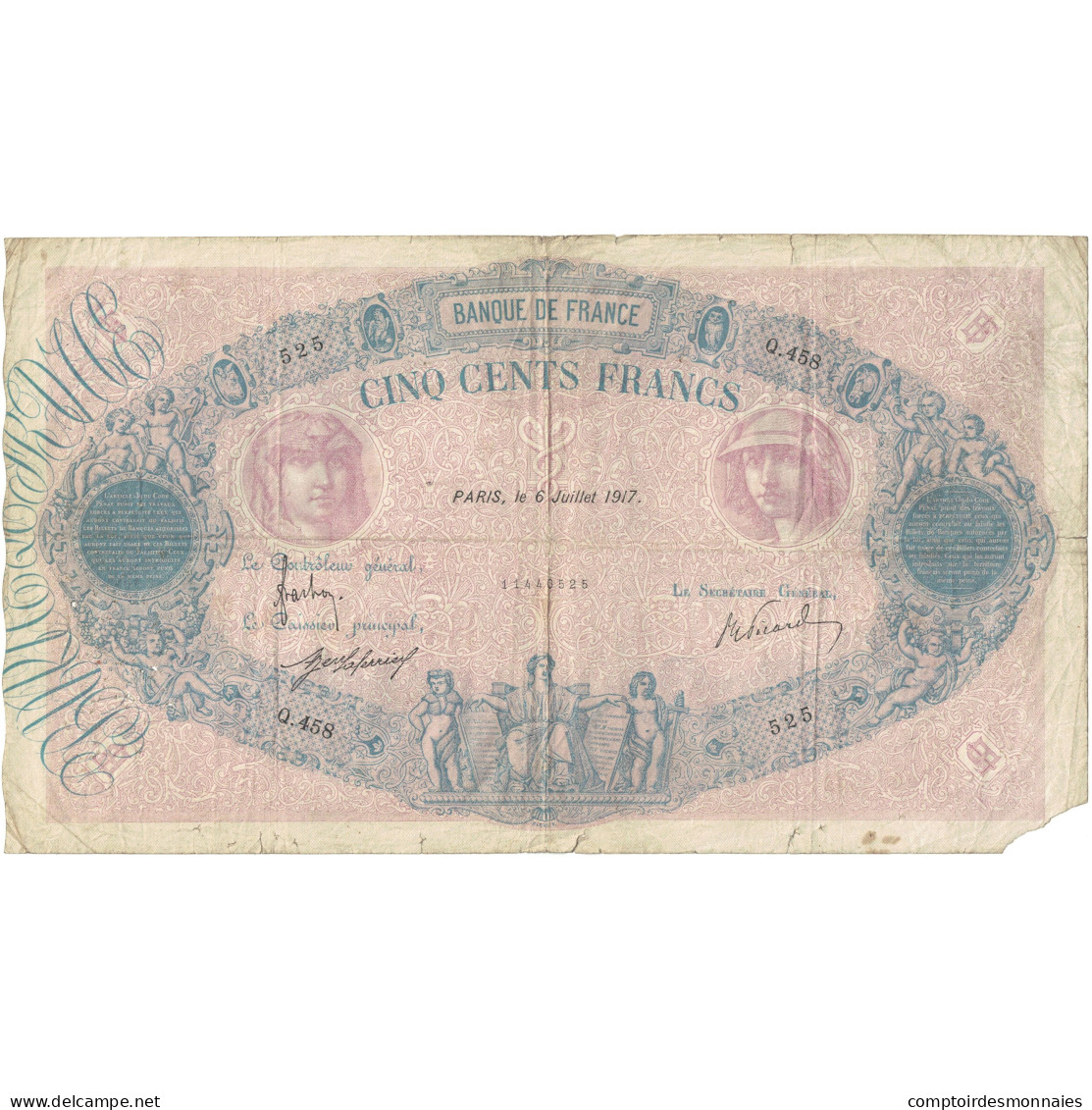 France, 500 Francs, Bleu Et Rose, 1917, Q.458 525, B, Fayette:30.23, KM:66g - 500 F 1888-1940 ''Bleu Et Rose''