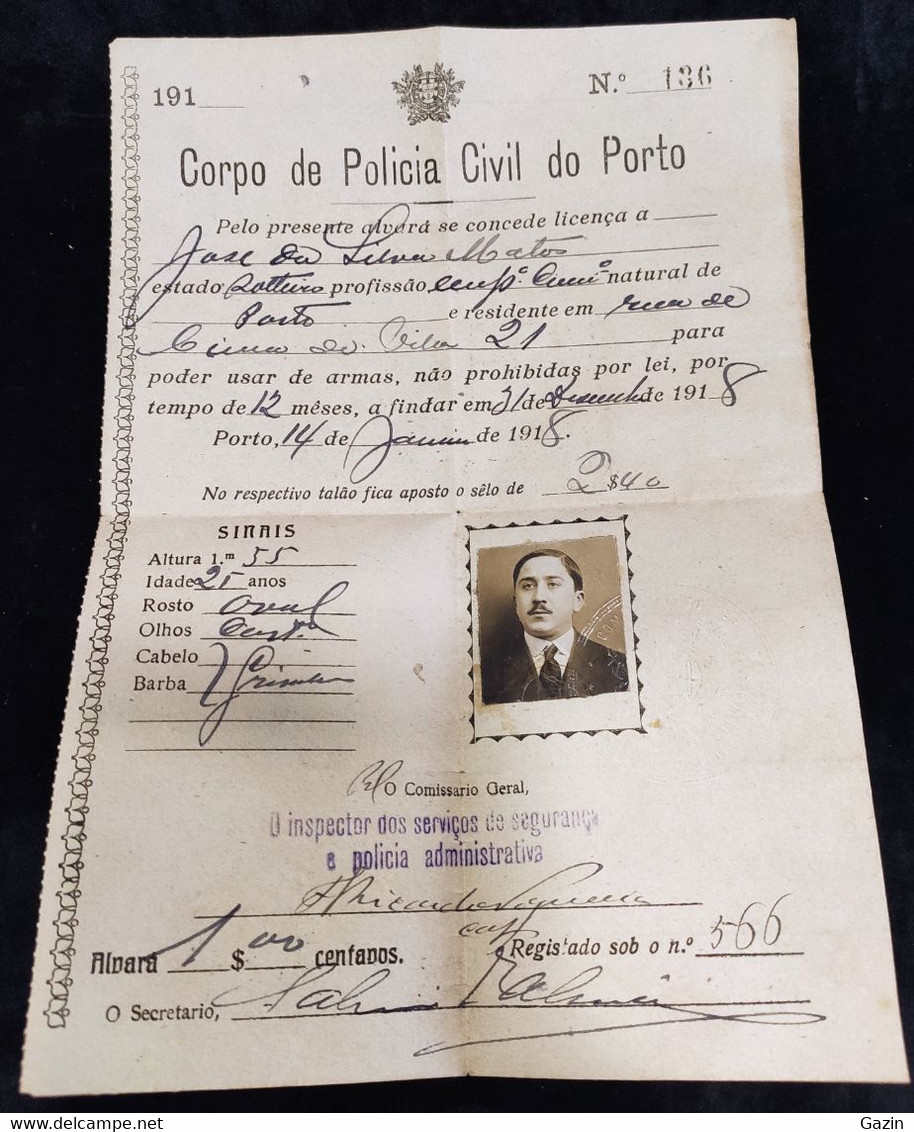 C1/6 - Licença Arma * Corpo Policia Civil Do Porto * 1918 * Portugal - Portugal