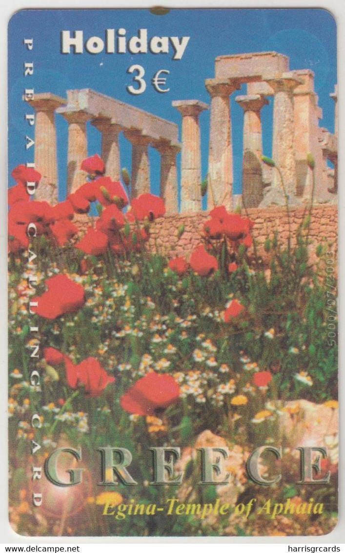 GREECE - Holiday Greece ,Egina Temple Of Aphaia, AMIMEX Prepaid Card ,3 €, Tirage 5.000, Used - Grèce