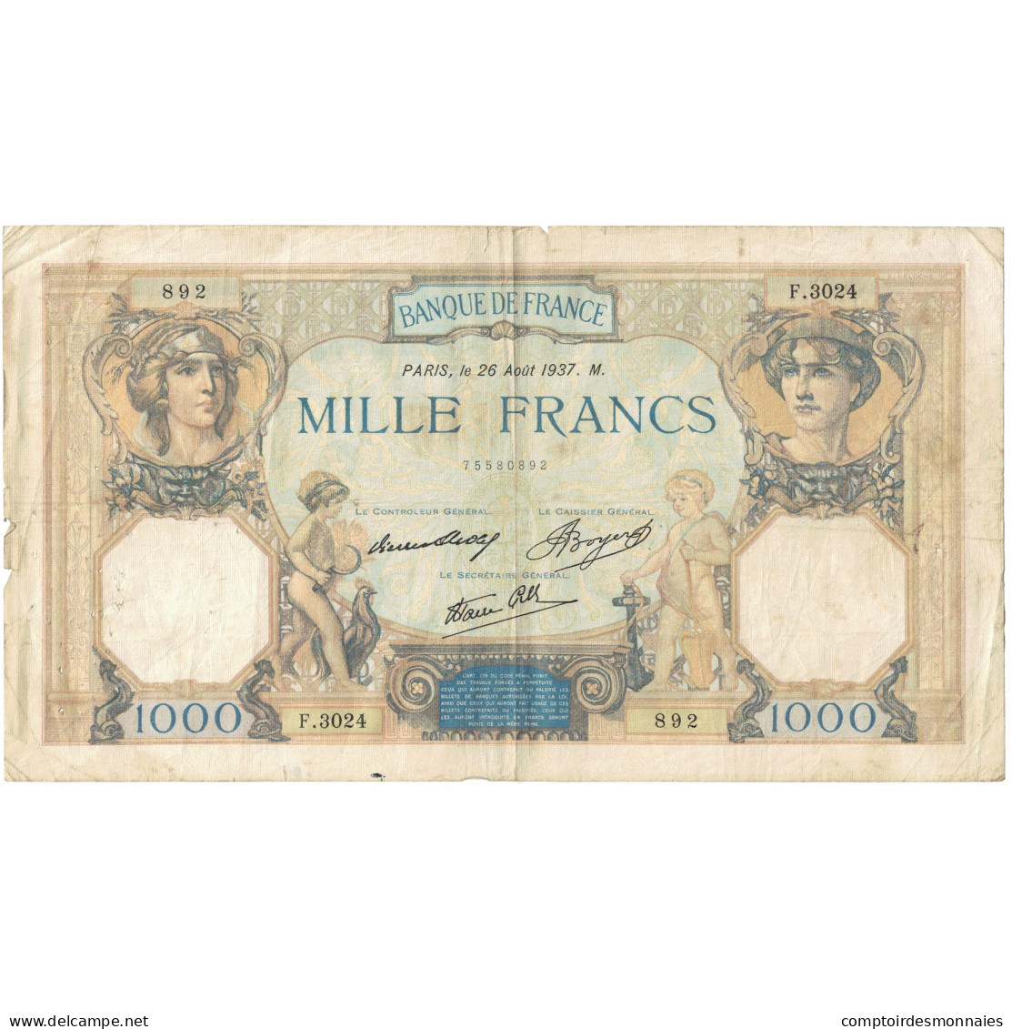 France, 500 Francs, Cérès Et Mercure, 1937, F.3024 892, TTB, Fayette:38.3 - 1 000 F 1927-1940 ''Cérès E Mercure''