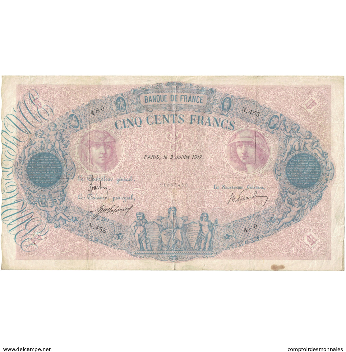 France, 500 Francs, Bleu Et Rose, 1917, N.455 480, TB, Fayette:30.23, KM:66g - 500 F 1888-1940 ''Bleu Et Rose''