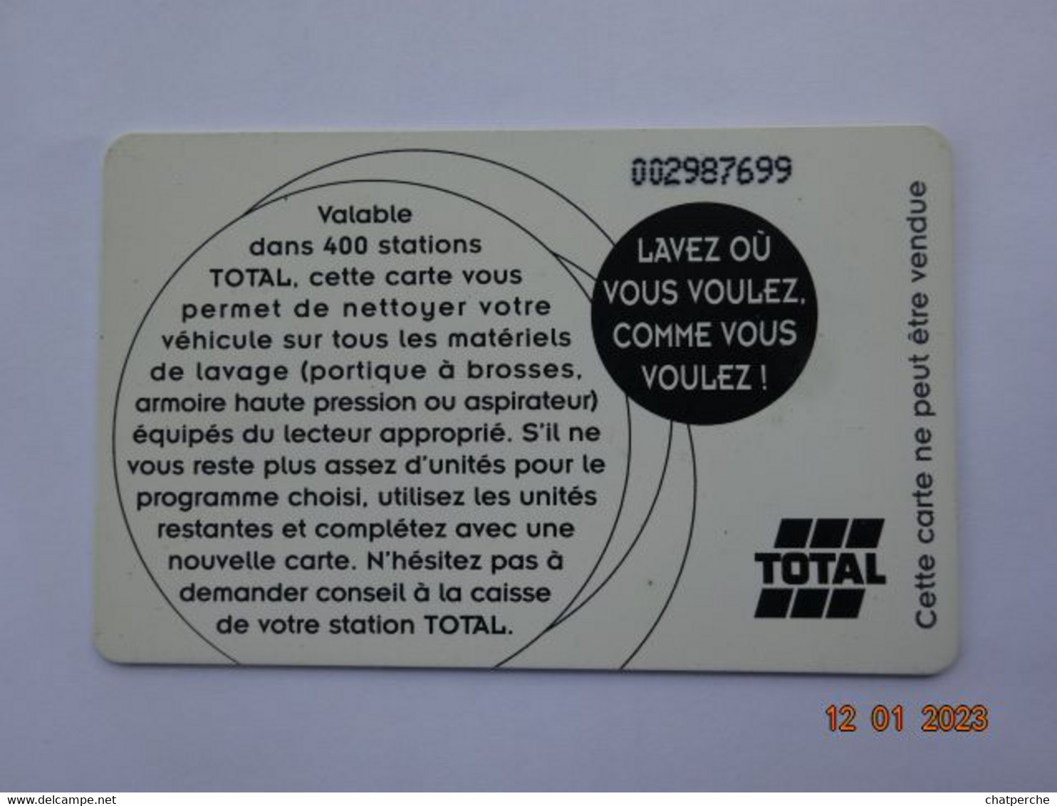 CARTE A PUCE CHIP CARD  CARTE LAVAGE AUTO TOTAL  LE CLUB  12 UNITES 400 STATIONS - Lavage Auto