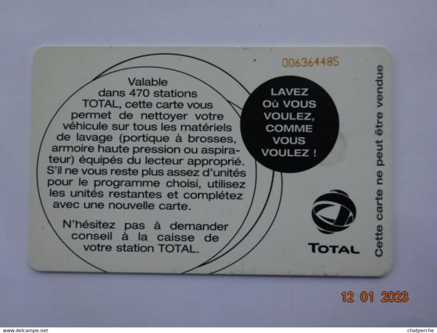 CARTE A PUCE CHIP CARD  CARTE LAVAGE AUTO TOTAL  LE CLUB  12 UNITES 470 STATIONS - Car Wash Cards