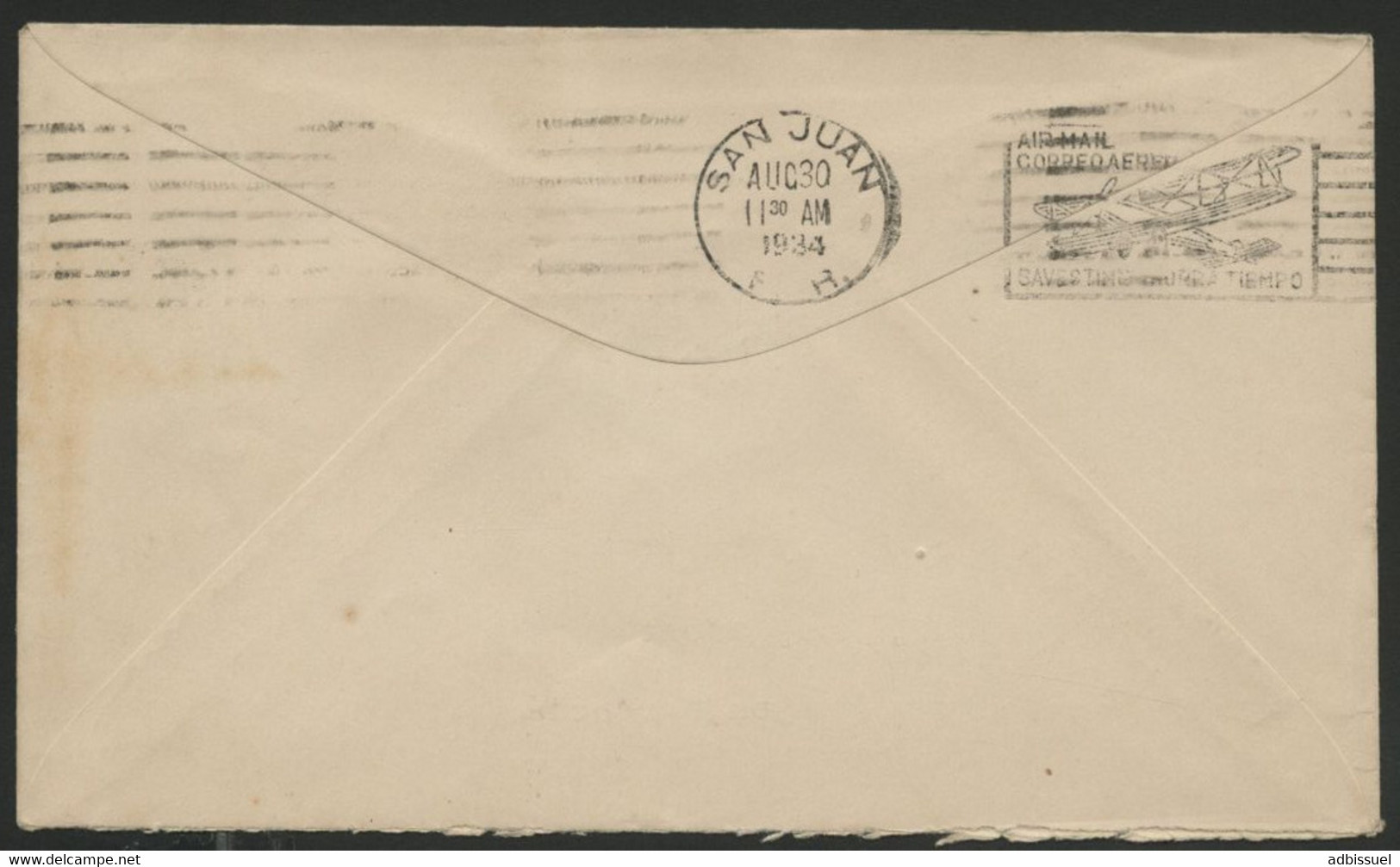 1934 USA AIR MAIL SAVES TIME CORREO AEREO AHORRA TIEMPO From SAN JUAN PUERTO RICO To LYON FRANCE - 1c. 1918-1940 Brieven