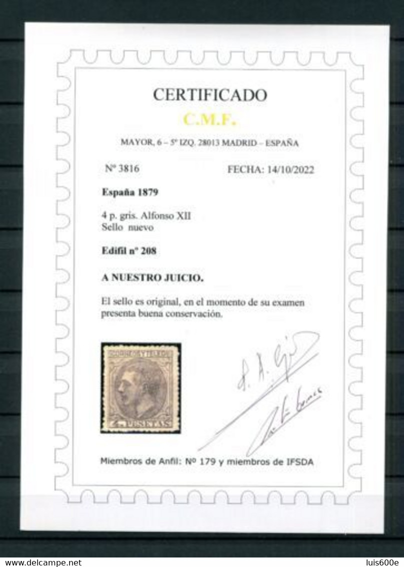 1879.ESPAÑA.EDIFIL 208*.NUEVO CON FIJASELLOS(MH).CERTIFICADO CMF.LUJO.CATALOGO 1200€ - Nuevos