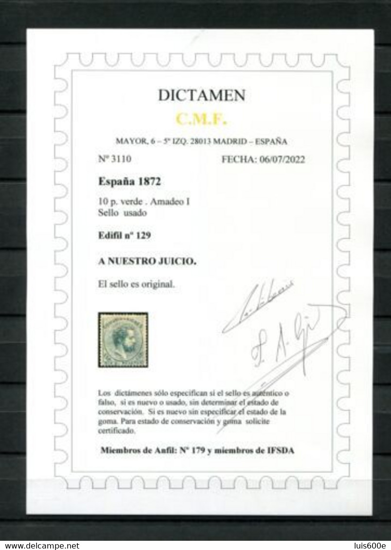 1872.ESPAÑA.EDIFIL 129(o).USADO.DICTAMEN CMF.CATALOGO 3200€ - Oblitérés