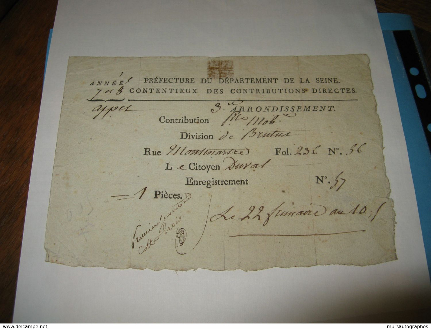 DOCUMENT ADMINISTRATIF SUR IMPOSITION A PARIS REVOLUTION 1801 DIVISION "BRUTUS" CITOYEN DUVAL - ... - 1799