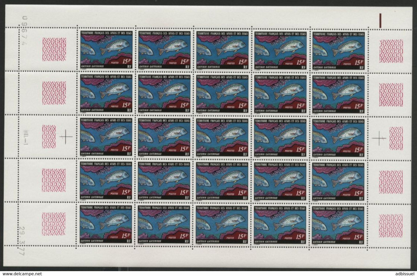 AFARS Et ISSAS COTE 75 € N° 441 MNH ** FEUILLE DE 25 EXEMPLAIRES. POISSONS FISH. GATERIN GATERINUS TB/VG - Nuovi