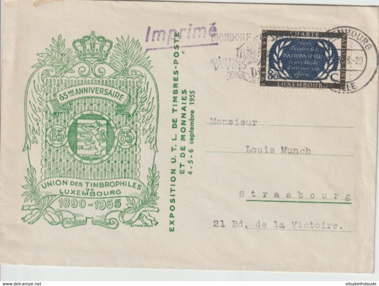 LUXEMBOURG - 1956 - ENVELOPPE ILLUSTREE 65°ANNIVERSAIRE UNION TIMBROPHILES => STRASBOURG - Cartas & Documentos