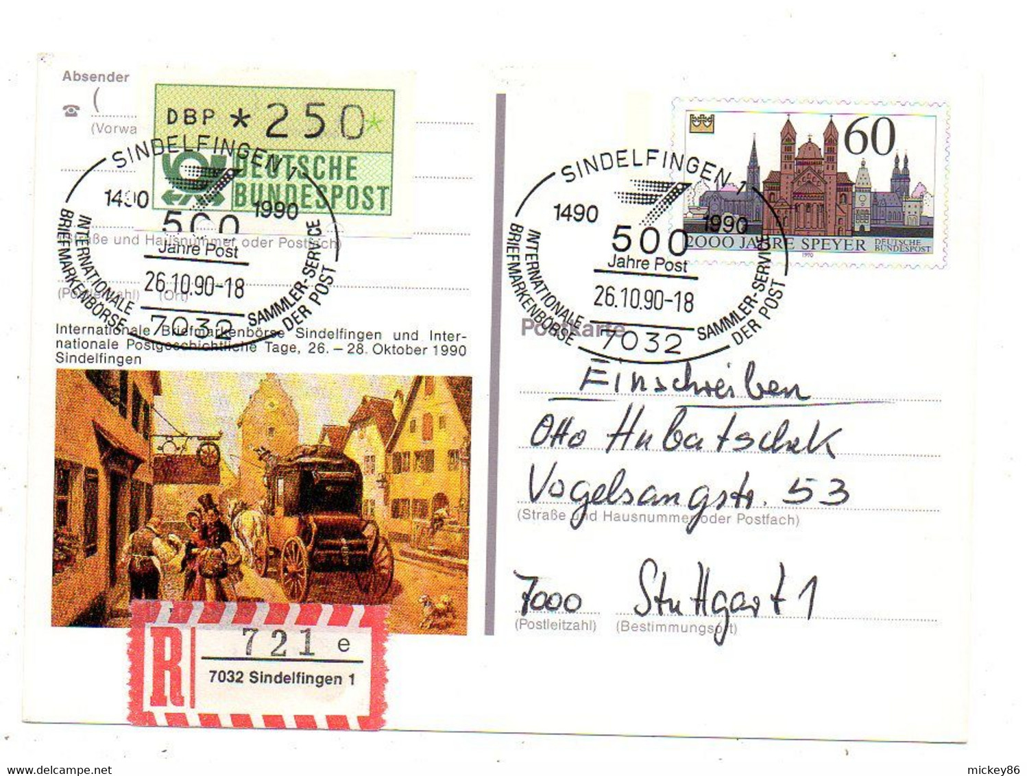 Allemagne -1990-Carte Entier  Recommandée SINDELFINGEN Pour STUTTGART--tp + Vignette Guichet....cachet. - Illustrated Postcards - Used