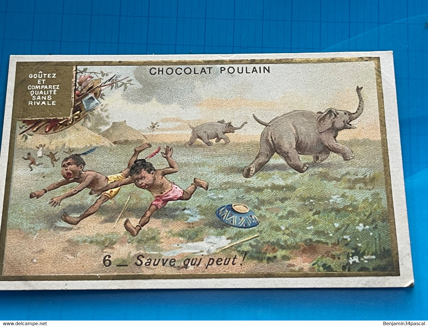 Carte Image Chromo Chocolat Poulain -Afrique - Le Progrès - Éléphant Et Pygmée- Sauve Qui Peut - Humour - Schokolade