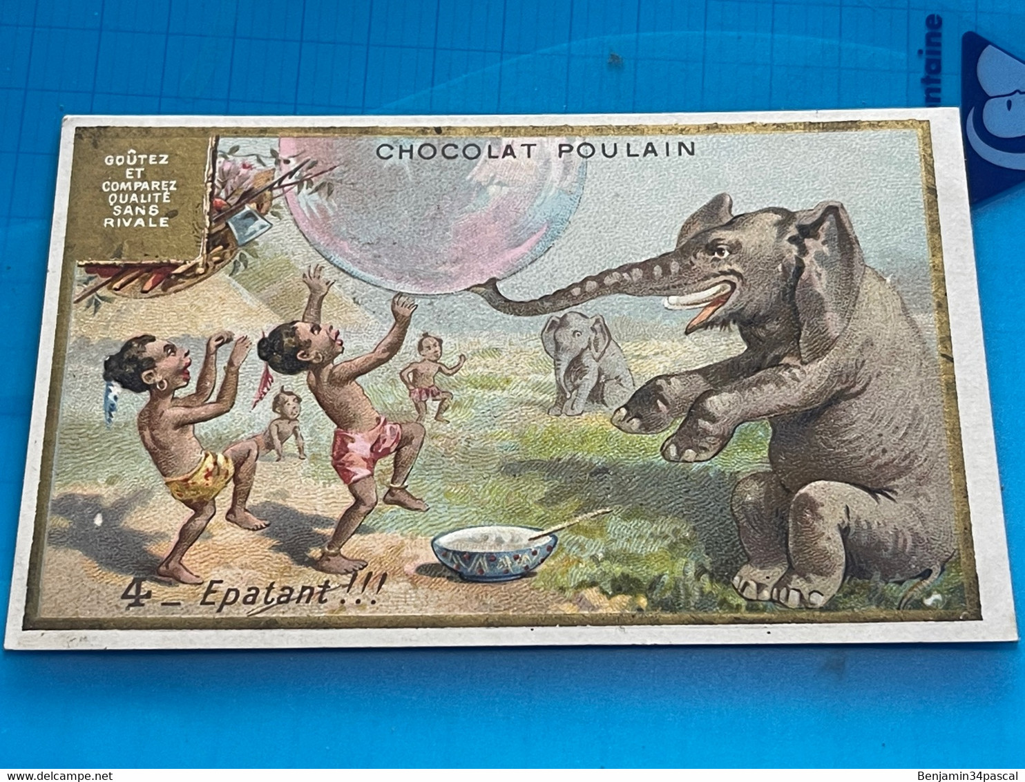 Carte Image Chromo Chocolat Poulain -Afrique - Le Progrès - Éléphant Et Pygmée- Épatant !! - Humour - Chocolate