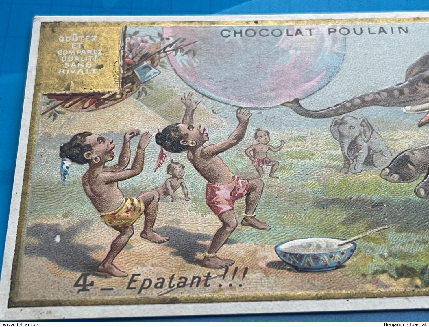 Carte Image Chromo Chocolat Poulain -Afrique - Le Progrès - Éléphant Et Pygmée- Épatant !! - Humour - Cioccolato