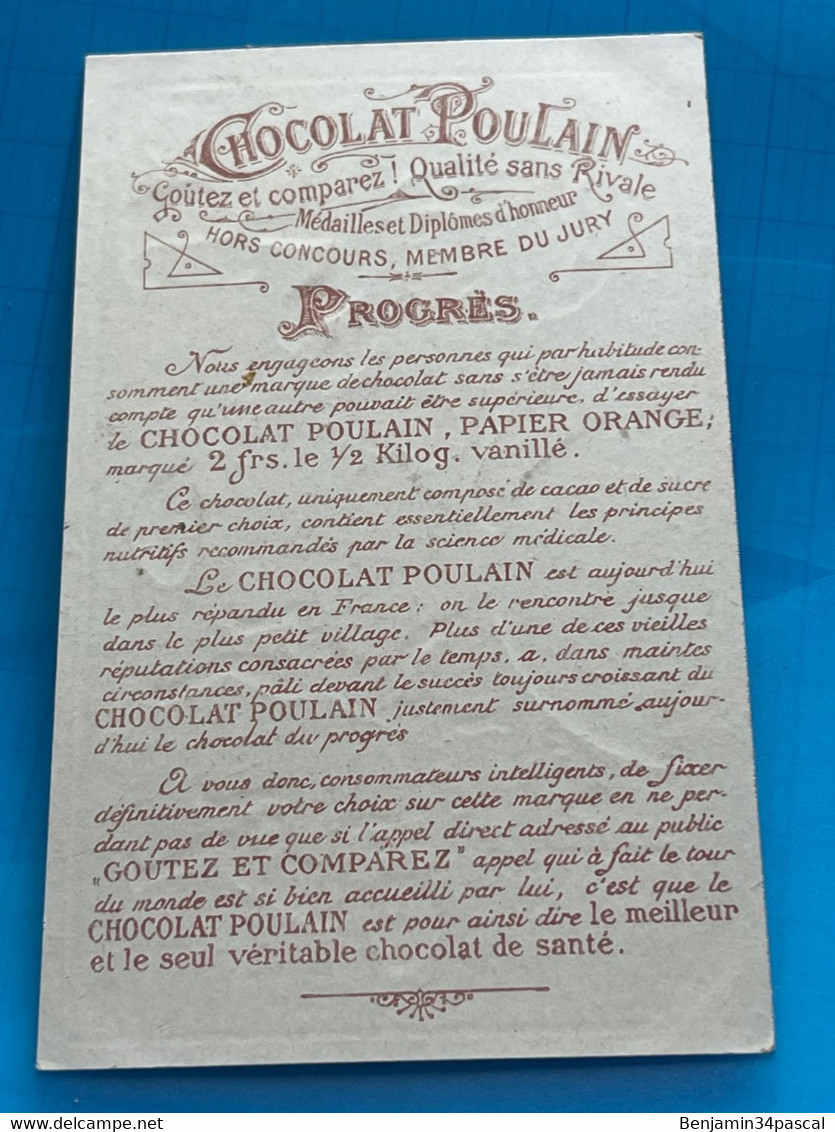 Carte image chromo chocolat Poulain -Afrique - Le Progrès - Éléphant et Pygmée- Épatant !! - Humour