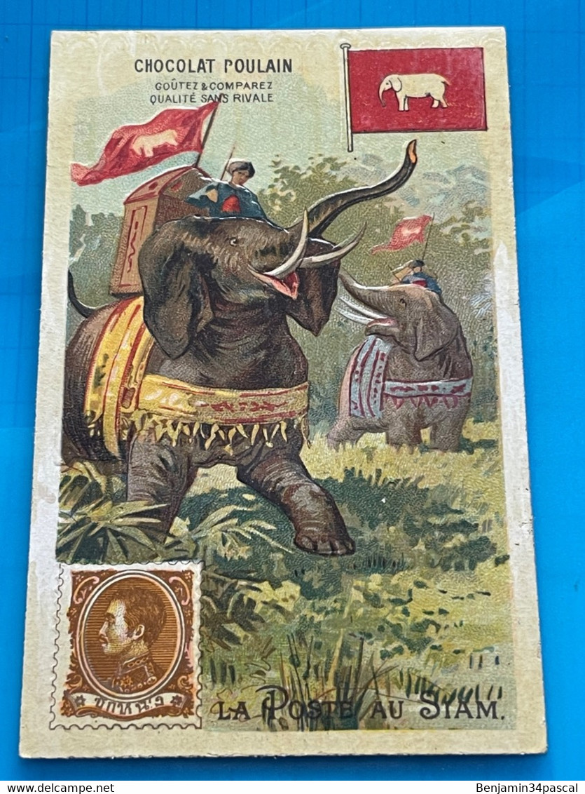 Carte Image Chromo Chocolat Poulain -Asie Coloniale  -La Poste Au Siam - Elephant-Courriers - Chocolade