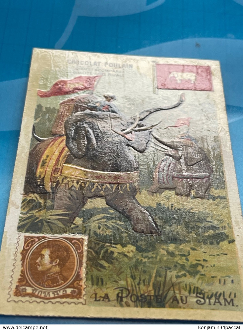 Carte Image Chromo Chocolat Poulain -Asie Coloniale  -La Poste Au Siam - Elephant-Courriers - Chocolade