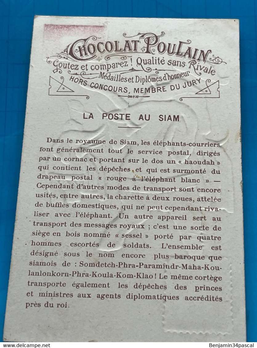 Carte Image Chromo Chocolat Poulain -Asie Coloniale  -La Poste Au Siam - Elephant-Courriers - Chocolate