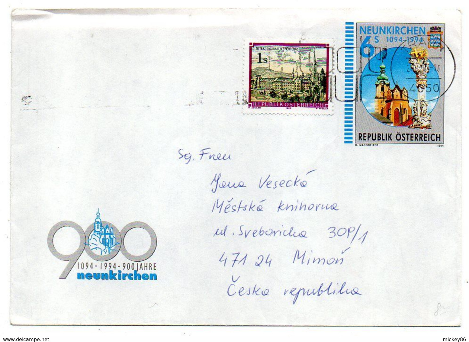 Autriche -1994- Entier Lettre Illustrée NEUNKIRCHEN  Pour MIMON ( Rép.Tchèque)  Timbre En Complément.......cachet. - Sonstige & Ohne Zuordnung