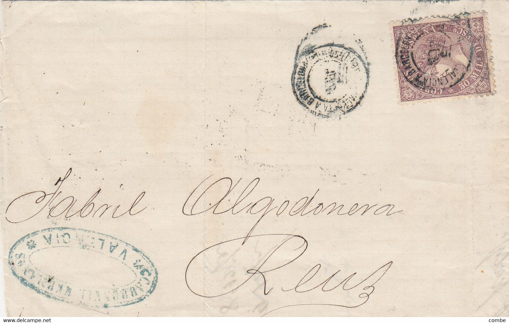 LETTRE. ESPAGNE. 1869. 50 MILs. CARBONEIL HERMANOS VALENCIA. VALENCIA A BARCELONA. POUR REUS - Covers & Documents