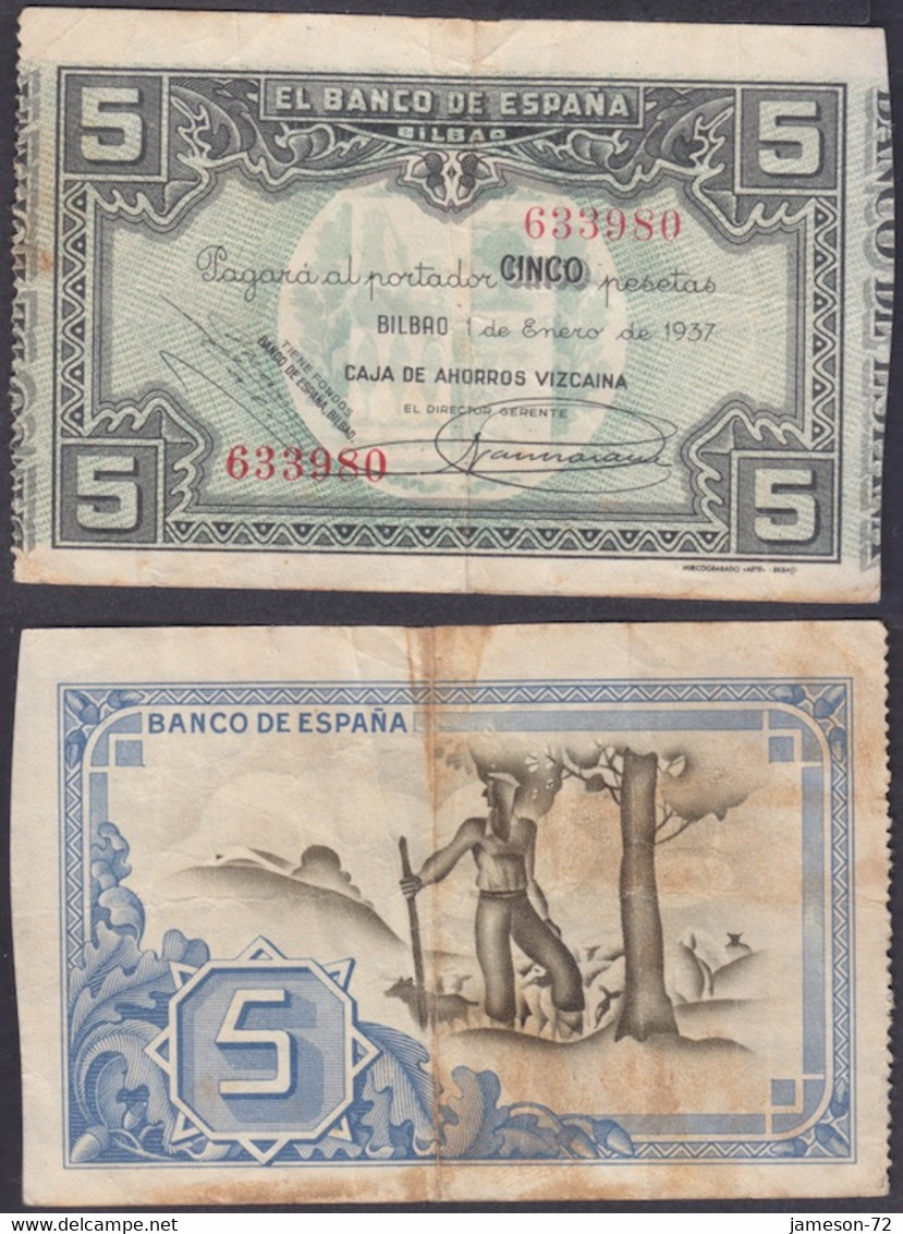 SPAIN - 5 Pesetas 1937 P# S561 Banco De España, Bilbao - Edelweiss Coins - 5 Pesetas