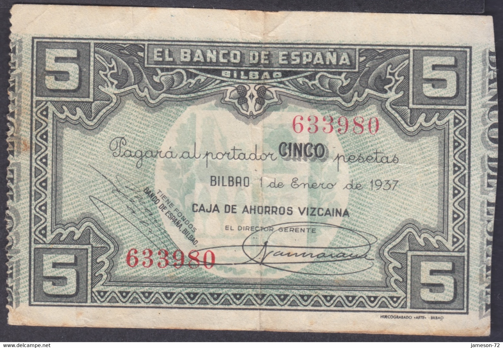 SPAIN - 5 Pesetas 1937 P# S561 Banco De España, Bilbao - Edelweiss Coins - 5 Peseten