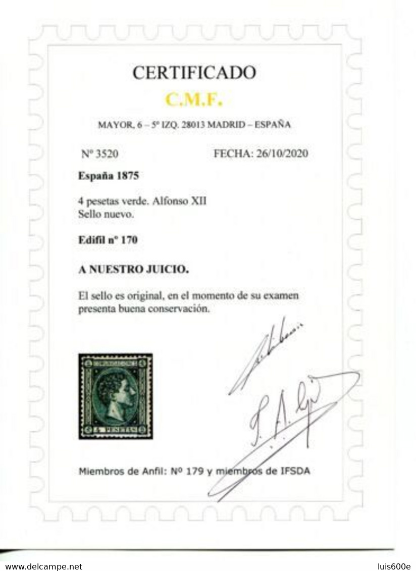 1875.ESPAÑ.EDIFIL 170*NUEVO CON FIJASELLOS(MH).CERTIFICADO CMF.CATALOGO 1400 - Nuevos