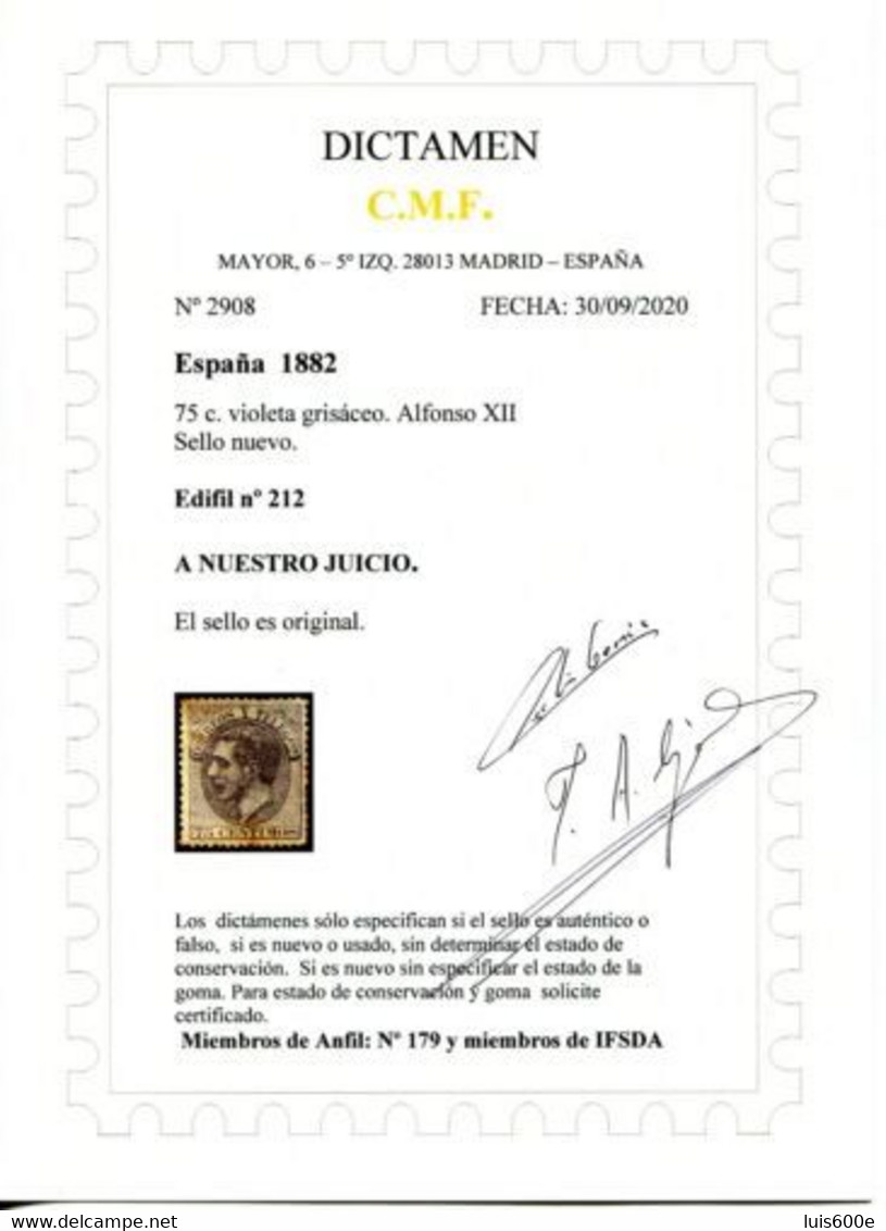1882.ESPAÑ.EDIFIL 212*.NUEVO CON FIJASELLOS(MH)DICTAMEN CMF.CATALOGO 500€ - Unused Stamps